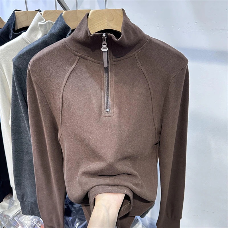 ゆったりスウェット双面德绒纯色拉链半开衫立领长袖卫衣女2025秋春简约上衣パーカー韓国ファッション ゆったりスウェット双面德绒纯色拉链半开衫立领长袖卫衣女2025秋春简约上衣パーカー韓国ファッション