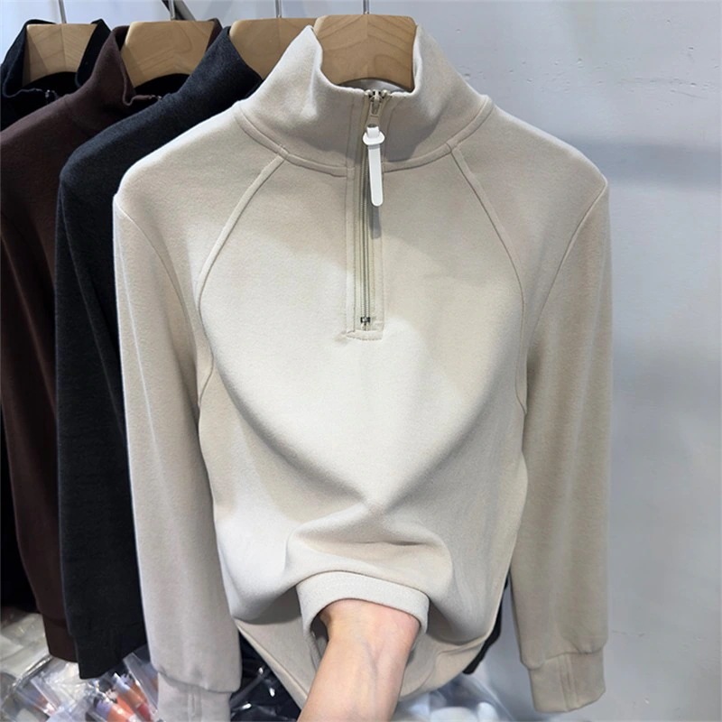 ゆったりスウェット双面德绒纯色拉链半开衫立领长袖卫衣女2025秋春简约上衣パーカー韓国ファッション ゆったりスウェット双面德绒纯色拉链半开衫立领长袖卫衣女2025秋春简约上衣パーカー韓国ファッション