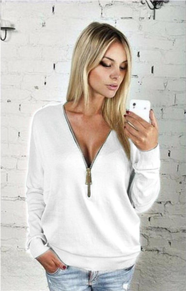 ファッション女性ジッパーTシャツ長袖セクシーなディープVネックブラウスプルオーバーシャツプラスサイズS-5XL ファッション女性ジッパーTシャツ長袖セクシーなディープVネックブラウスプルオーバーシャツプラスサイズS-5XL