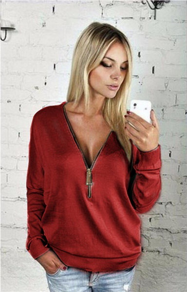 ファッション女性ジッパーTシャツ長袖セクシーなディープVネックブラウスプルオーバーシャツプラスサイズS-5XL ファッション女性ジッパーTシャツ長袖セクシーなディープVネックブラウスプルオーバーシャツプラスサイズS-5XL