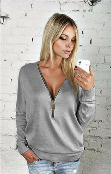 ファッション女性ジッパーTシャツ長袖セクシーなディープVネックブラウスプルオーバーシャツプラスサイズS-5XL ファッション女性ジッパーTシャツ長袖セクシーなディープVネックブラウスプルオーバーシャツプラスサイズS-5XL