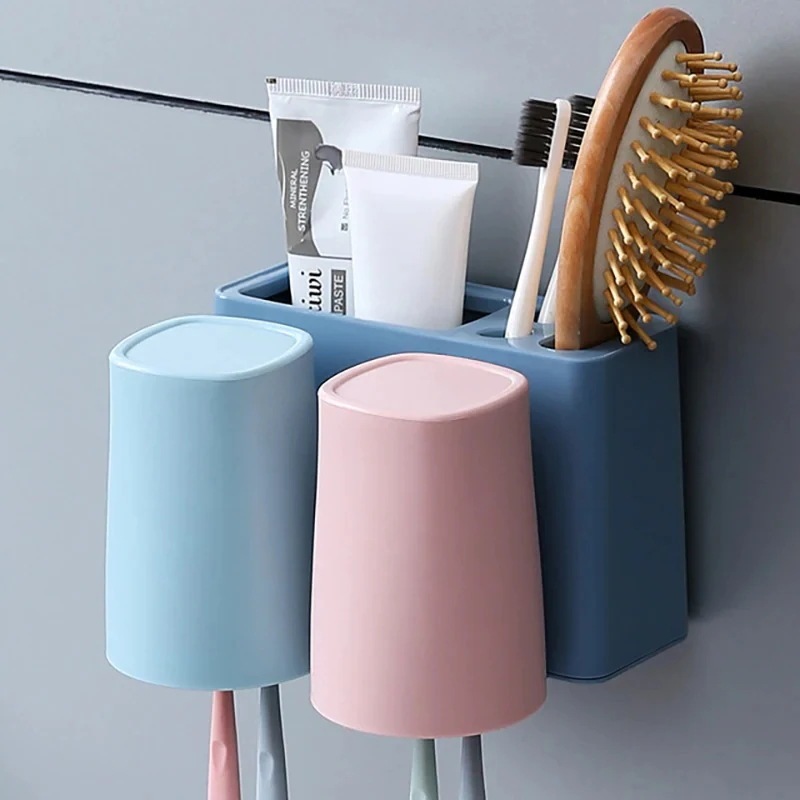 壁掛け式歯ブラシホルダー バスウォッシュセットには 2カップとセット 穴を開けずに簡単に取り付3