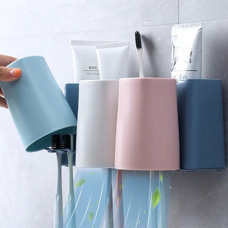 壁掛け式歯ブラシホルダー バスウォッシュセットには 2カップとセット 穴を開けずに簡単に取り付3