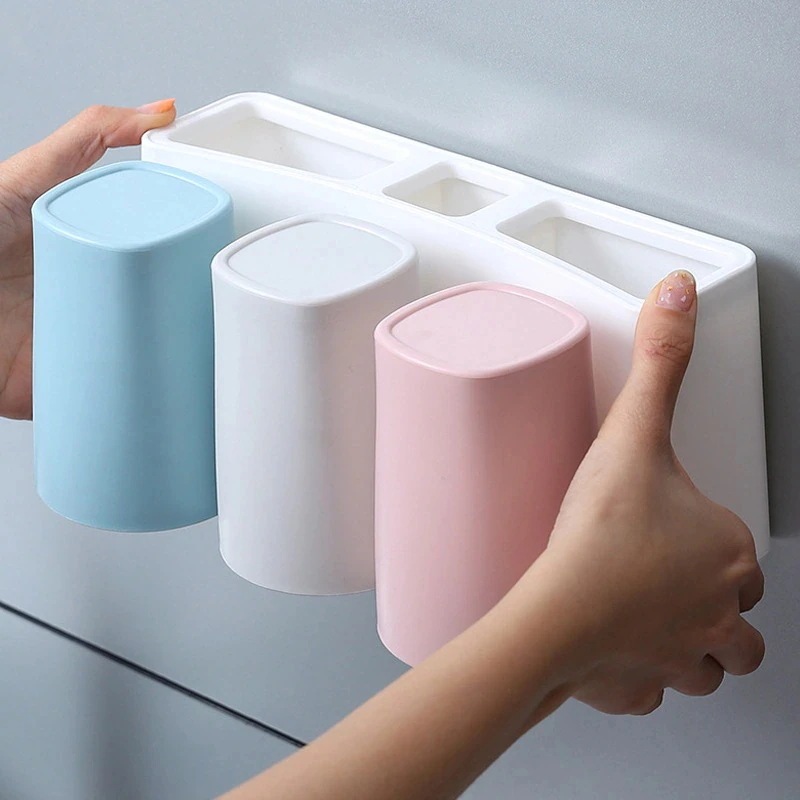 壁掛け式歯ブラシホルダー バスウォッシュセットには 2カップとセット 穴を開けずに簡単に取り付3