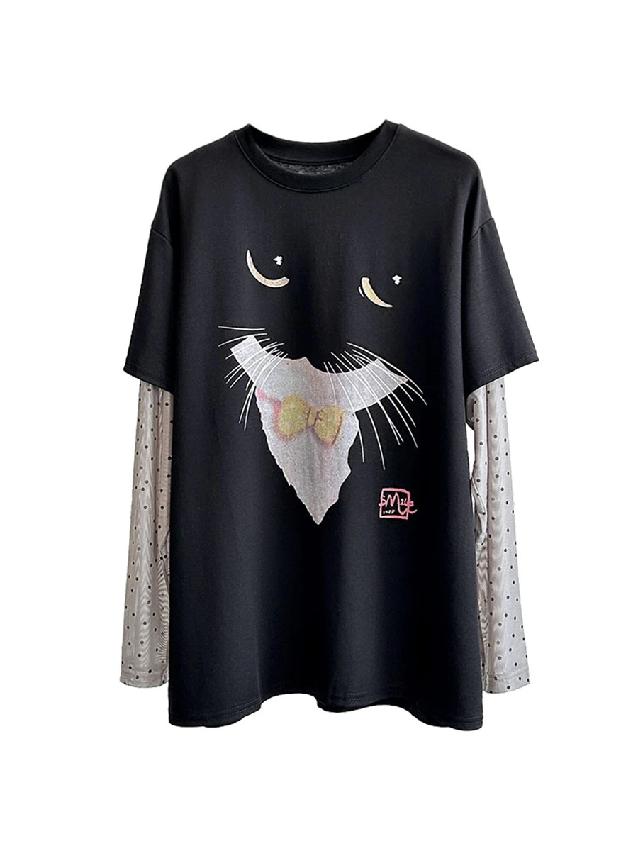 春の新型韓国フェイクレイヤード可愛い猫の丸首のゆったりとした小衆の長袖のプリントtシャツです 春の新型韓国フェイクレイヤード可愛い猫の丸首のゆったりとした小衆の長袖のプリントtシャツです