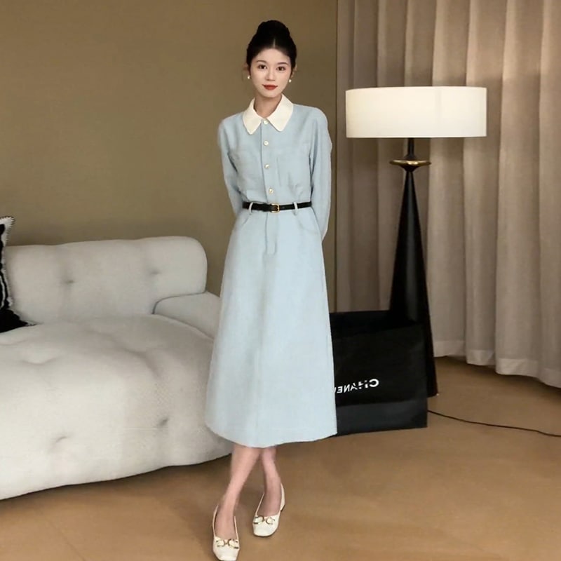 春先着フレンチ風長袖ワンピース婦人服高級インナー気質ロングスカートF19