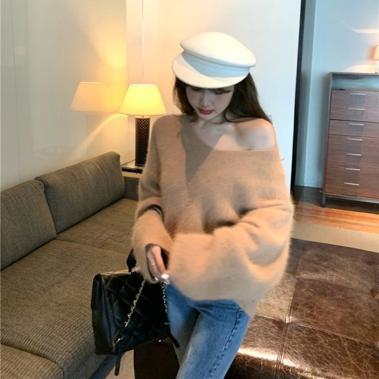 ニットトップス Vネックニット シャギーニット モヘアタッチ セーター ニットプルオーバー レディース ブルー ブラウン かわいい きれいめ レトロ おしゃれ デート 秋 冬