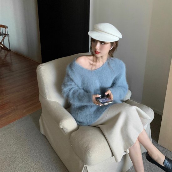 ニットトップス Vネックニット シャギーニット モヘアタッチ セーター ニットプルオーバー レディース ブルー ブラウン かわいい きれいめ レトロ おしゃれ デート 秋 冬