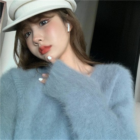 ニットトップス Vネックニット シャギーニット モヘアタッチ セーター ニットプルオーバー レディース ブルー ブラウン かわいい きれいめ レトロ おしゃれ デート 秋 冬