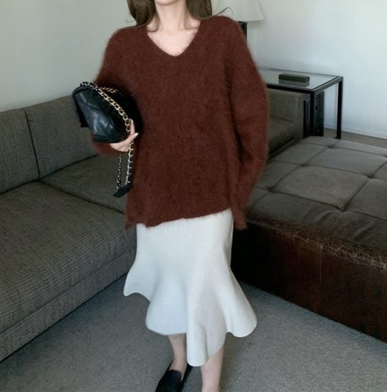 ニットトップス Vネックニット シャギーニット モヘアタッチ セーター ニットプルオーバー レディース ブルー ブラウン かわいい きれいめ レトロ おしゃれ デート 秋 冬