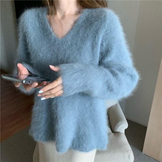 ニットトップス Vネックニット シャギーニット モヘアタッチ セーター ニットプルオーバー レディース ブルー ブラウン かわいい きれいめ レトロ おしゃれ デート 秋 冬