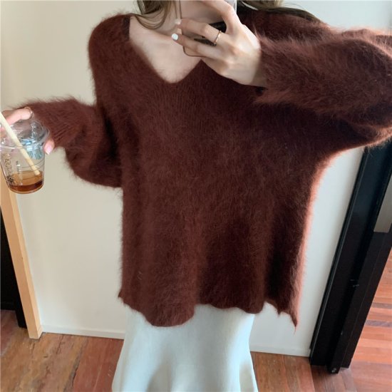 ニットトップス Vネックニット シャギーニット モヘアタッチ セーター ニットプルオーバー レディース ブルー ブラウン かわいい きれいめ レトロ おしゃれ デート 秋 冬