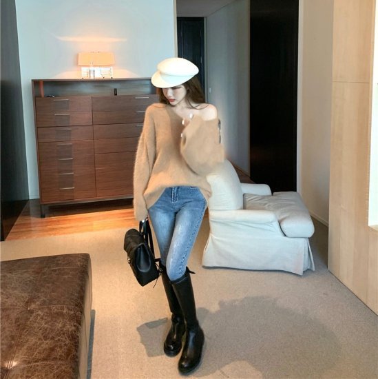 ニットトップス Vネックニット シャギーニット モヘアタッチ セーター ニットプルオーバー レディース ブルー ブラウン かわいい きれいめ レトロ おしゃれ デート 秋 冬