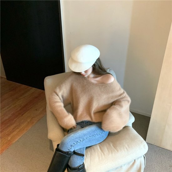 ニットトップス Vネックニット シャギーニット モヘアタッチ セーター ニットプルオーバー レディース ブルー ブラウン かわいい きれいめ レトロ おしゃれ デート 秋 冬
