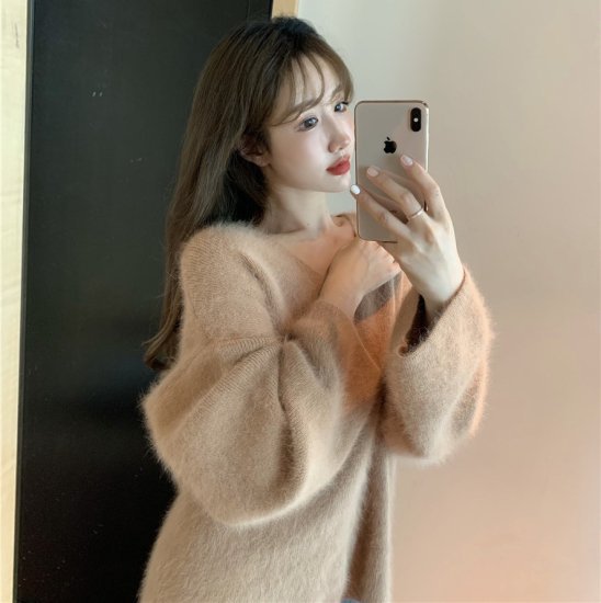 ニットトップス Vネックニット シャギーニット モヘアタッチ セーター ニットプルオーバー レディース ブルー ブラウン かわいい きれいめ レトロ おしゃれ デート 秋 冬