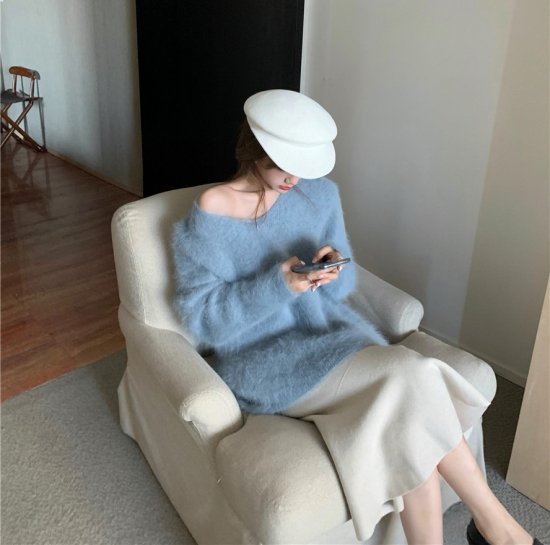 ニットトップス Vネックニット シャギーニット モヘアタッチ セーター ニットプルオーバー レディース ブルー ブラウン かわいい きれいめ レトロ おしゃれ デート 秋 冬