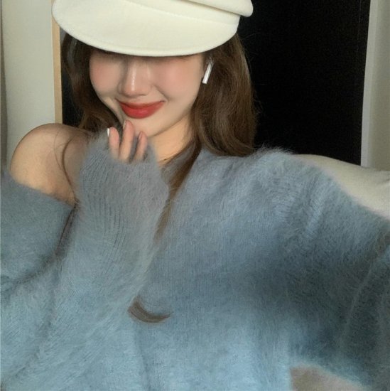 ニットトップス Vネックニット シャギーニット モヘアタッチ セーター ニットプルオーバー レディース ブルー ブラウン かわいい きれいめ レトロ おしゃれ デート 秋 冬