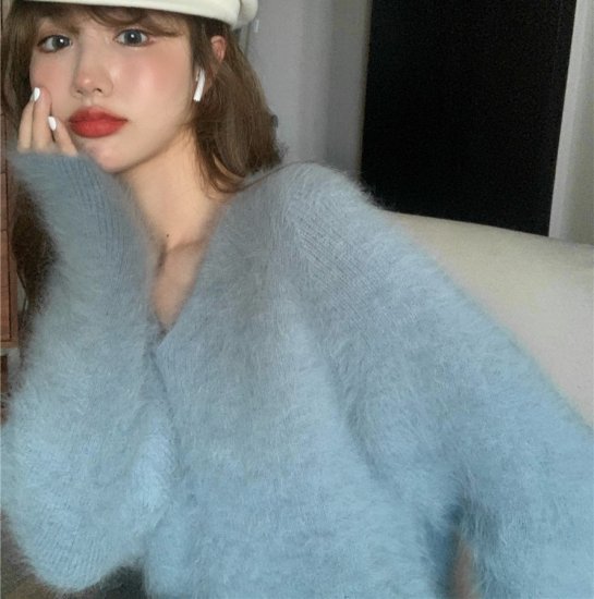 ニットトップス Vネックニット シャギーニット モヘアタッチ セーター ニットプルオーバー レディース ブルー ブラウン かわいい きれいめ レトロ おしゃれ デート 秋 冬