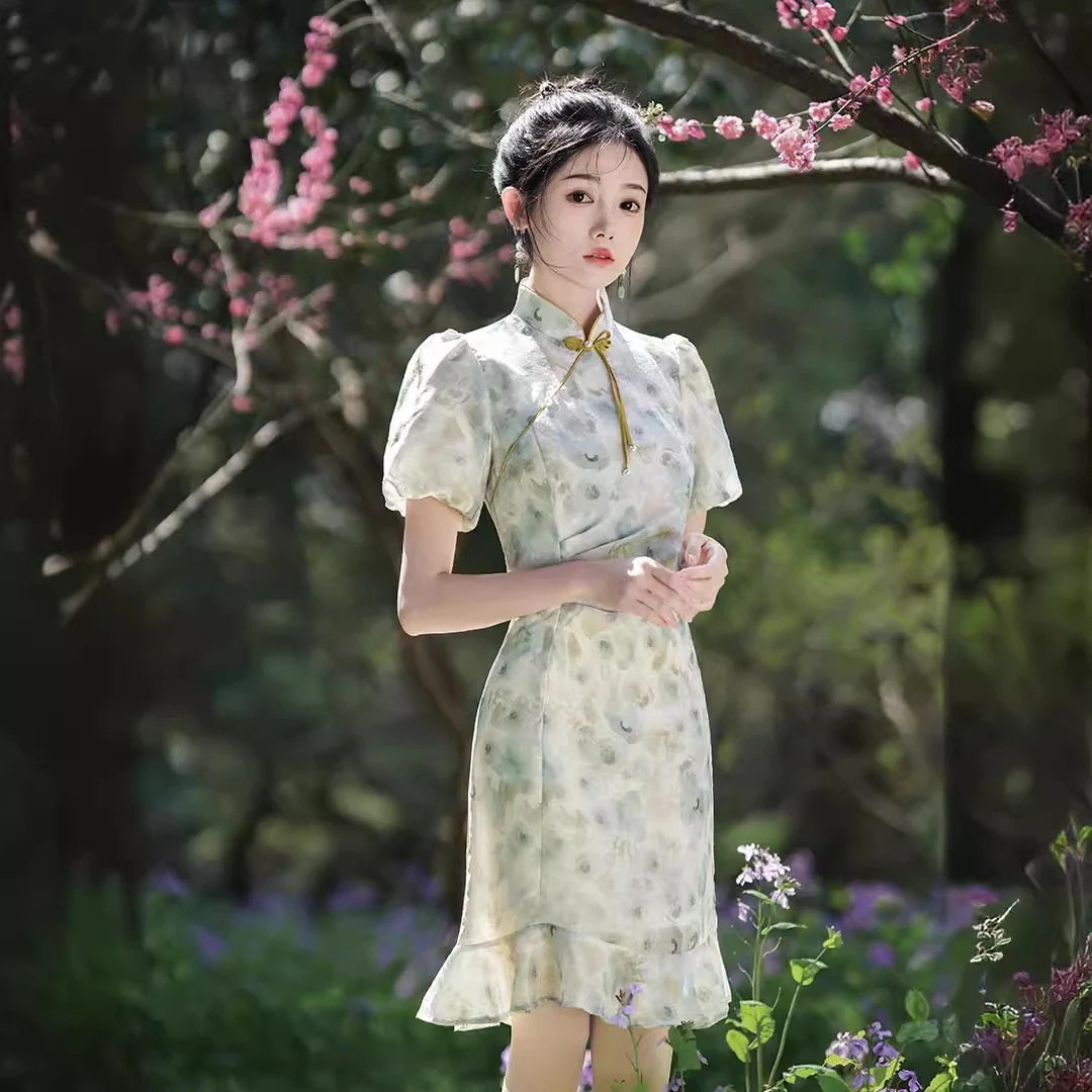 2024春夏改良チャイナドレスショートスリムフィット体型カバー気質パフスリーブデイリードレス女性用 2024春夏改良チャイナドレスショートスリムフィット体型カバー気質パフスリーブデイリードレス女性用