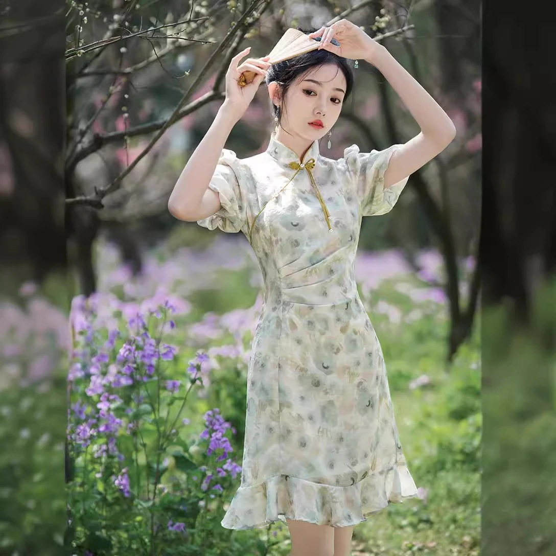 2024春夏改良チャイナドレスショートスリムフィット体型カバー気質パフスリーブデイリードレス女性用 2024春夏改良チャイナドレスショートスリムフィット体型カバー気質パフスリーブデイリードレス女性用