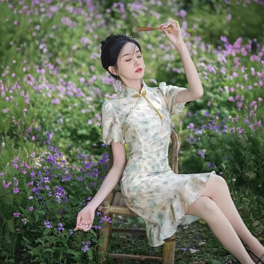 2024春夏改良チャイナドレスショートスリムフィット体型カバー気質パフスリーブデイリードレス女性用 2024春夏改良チャイナドレスショートスリムフィット体型カバー気質パフスリーブデイリードレス女性用