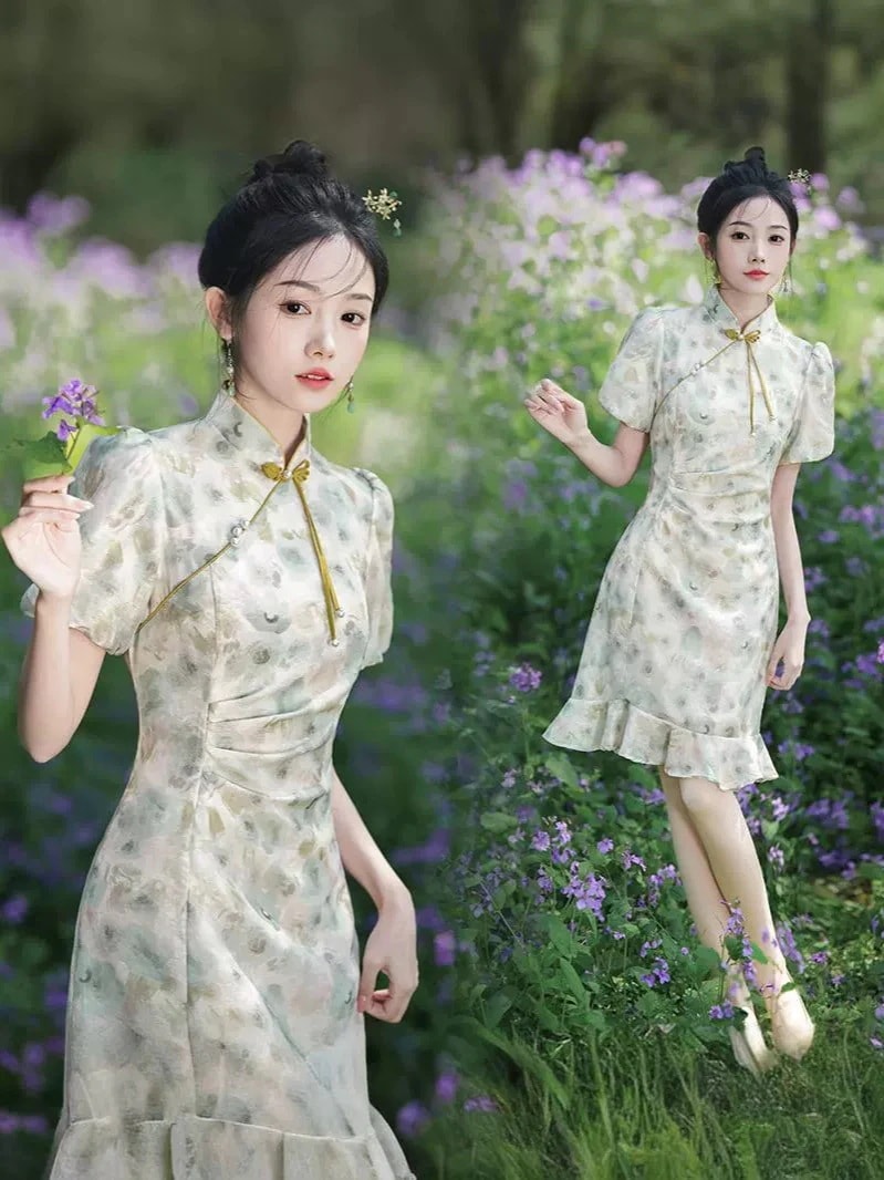 2024春夏改良チャイナドレスショートスリムフィット体型カバー気質パフスリーブデイリードレス女性用 2024春夏改良チャイナドレスショートスリムフィット体型カバー気質パフスリーブデイリードレス女性用