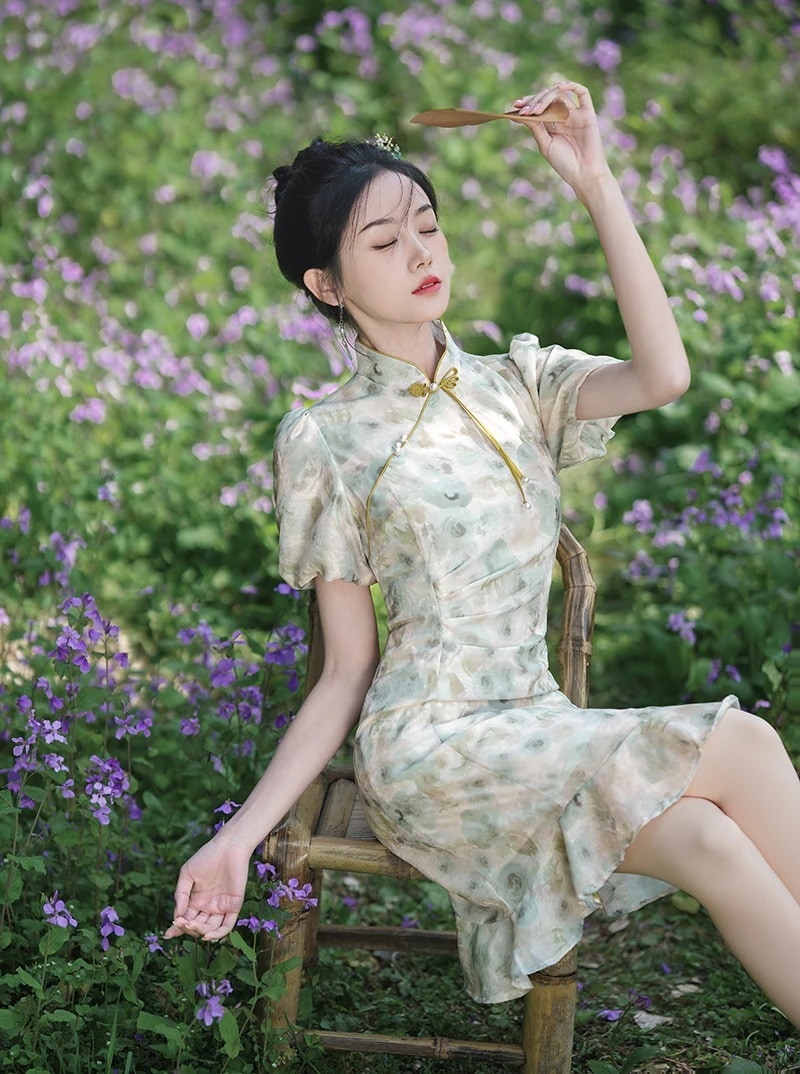 2024春夏改良チャイナドレスショートスリムフィット体型カバー気質パフスリーブデイリードレス女性用 2024春夏改良チャイナドレスショートスリムフィット体型カバー気質パフスリーブデイリードレス女性用