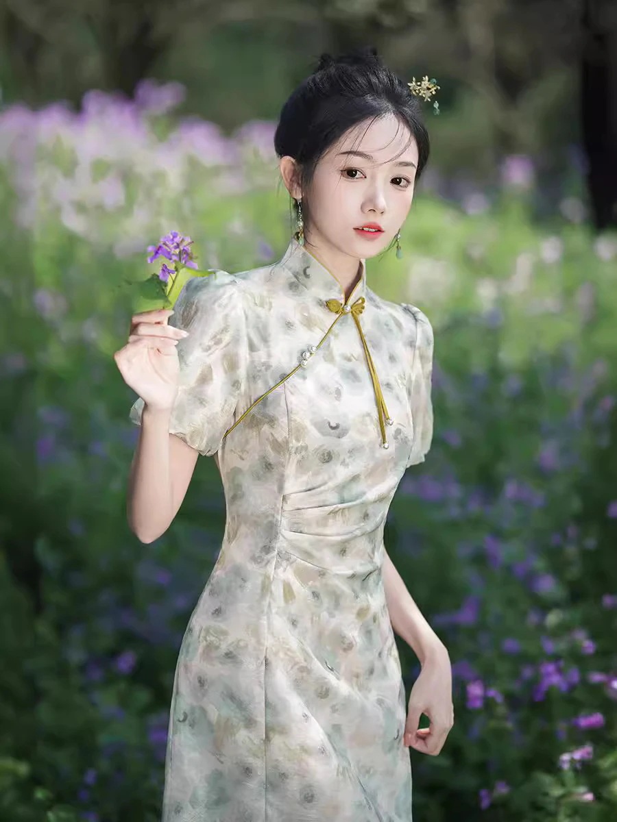 2024春夏改良チャイナドレスショートスリムフィット体型カバー気質パフスリーブデイリードレス女性用 2024春夏改良チャイナドレスショートスリムフィット体型カバー気質パフスリーブデイリードレス女性用