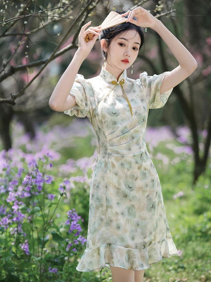 2024春夏改良チャイナドレスショートスリムフィット体型カバー気質パフスリーブデイリードレス女性用 2024春夏改良チャイナドレスショートスリムフィット体型カバー気質パフスリーブデイリードレス女性用