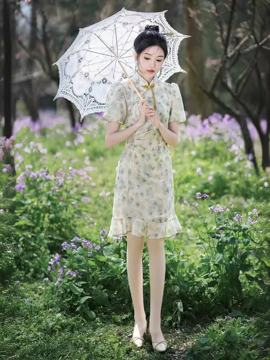 2024春夏改良チャイナドレスショートスリムフィット体型カバー気質パフスリーブデイリードレス女性用 2024春夏改良チャイナドレスショートスリムフィット体型カバー気質パフスリーブデイリードレス女性用