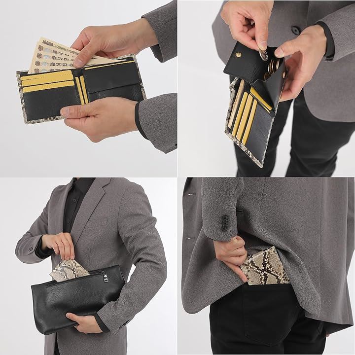 金運 蛇革財布 二つ折り パイソン レザー メンズ エキゾチック レザーを使用した錦蛇 日本製(黄金蛇チャーム, タテ9.5cmxヨコ19cmxマチ2cm)
