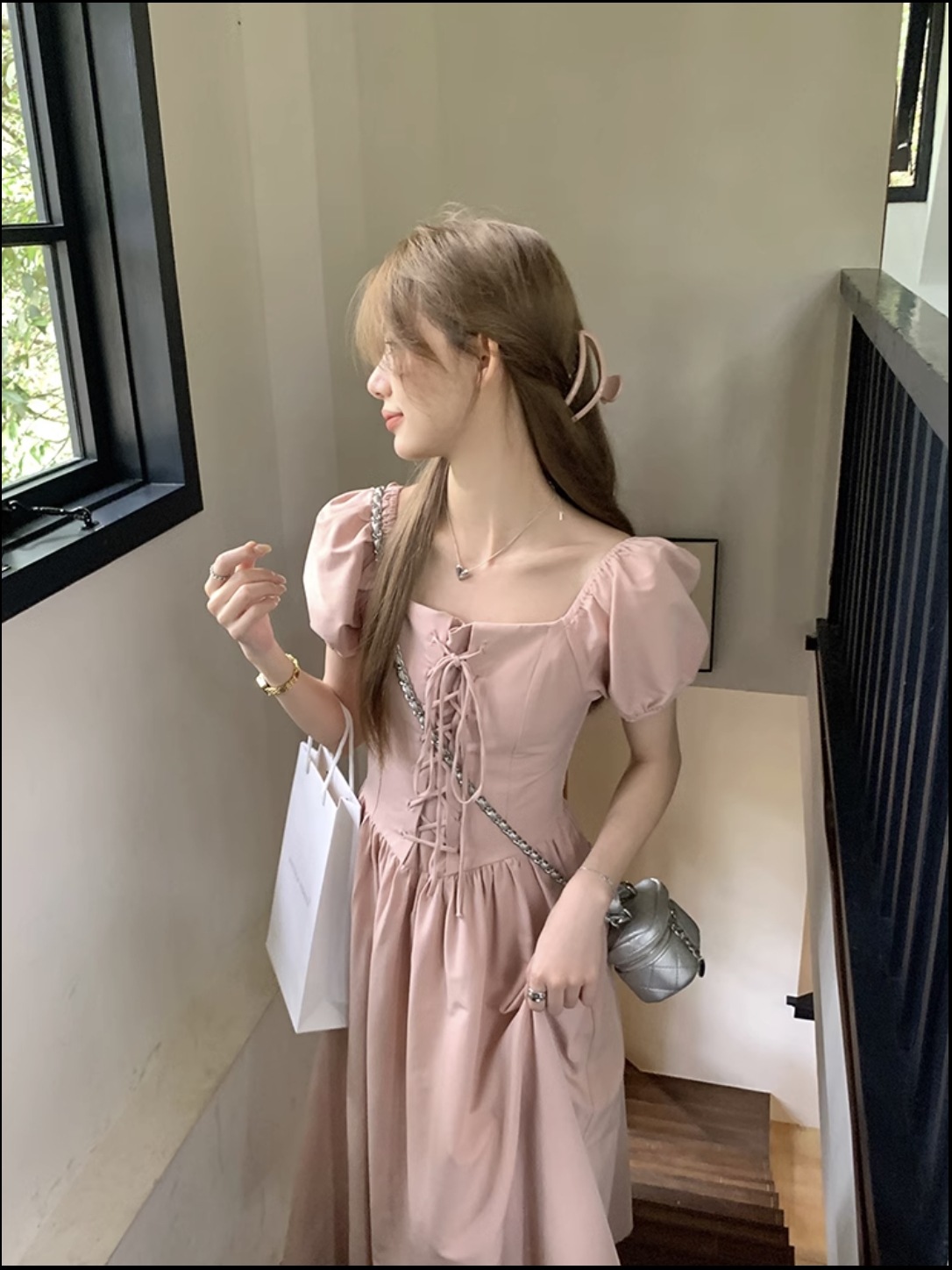 個性的 夏服 レディース ワンピース ワンピドレス フレアワンピース ロジスワンピ ロング アンクル 袖あり 半袖 パフスリーブ バルーン袖 スクエアネック フレア セミフレア Aライン リ
