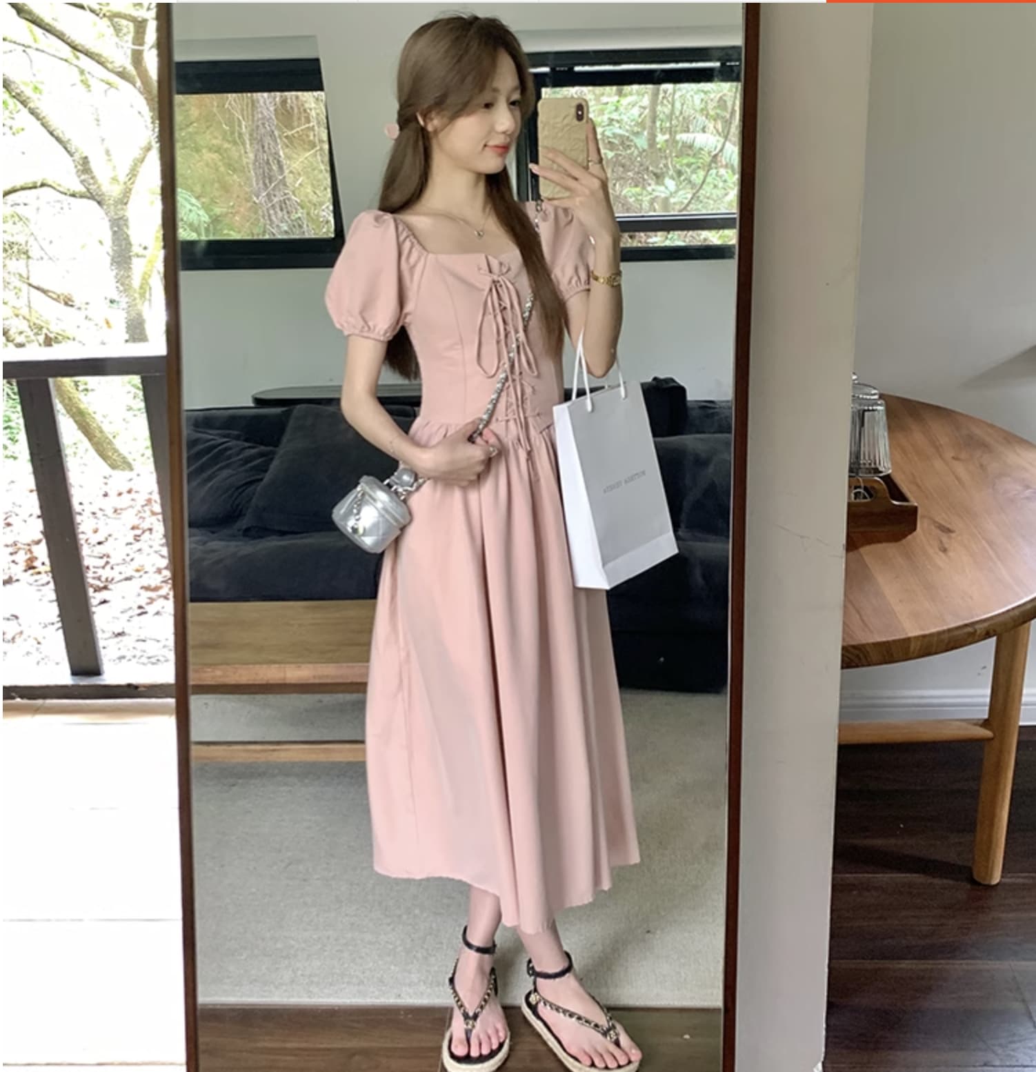 個性的 夏服 レディース ワンピース ワンピドレス フレアワンピース ロジスワンピ ロング アンクル 袖あり 半袖 パフスリーブ バルーン袖 スクエアネック フレア セミフレア Aライン リ