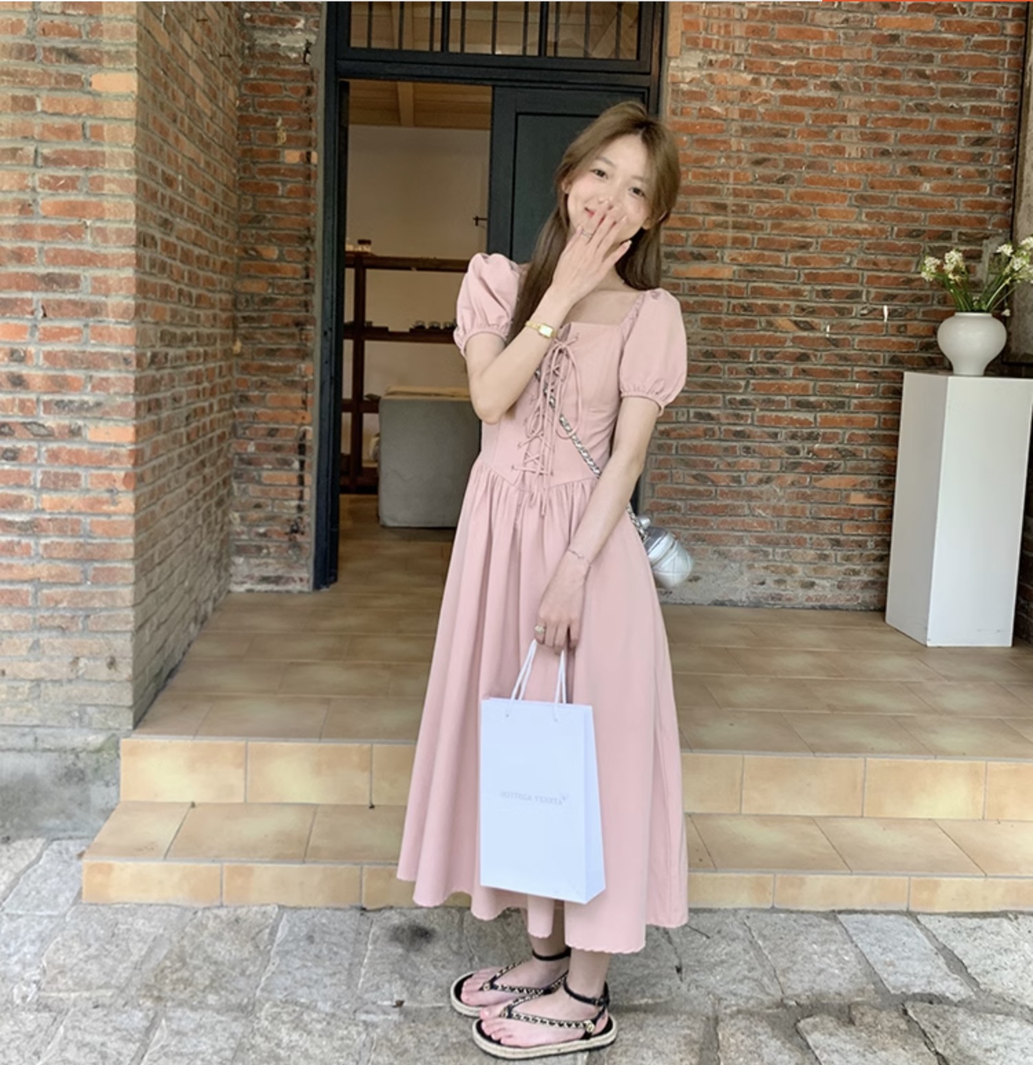 個性的 夏服 レディース ワンピース ワンピドレス フレアワンピース ロジスワンピ ロング アンクル 袖あり 半袖 パフスリーブ バルーン袖 スクエアネック フレア セミフレア Aライン リ