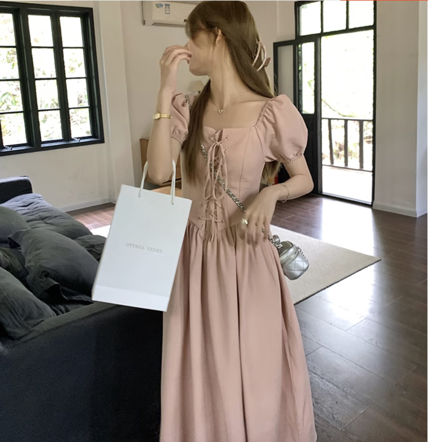 個性的 夏服 レディース ワンピース ワンピドレス フレアワンピース ロジスワンピ ロング アンクル 袖あり 半袖 パフスリーブ バルーン袖 スクエアネック フレア セミフレア Aライン リ