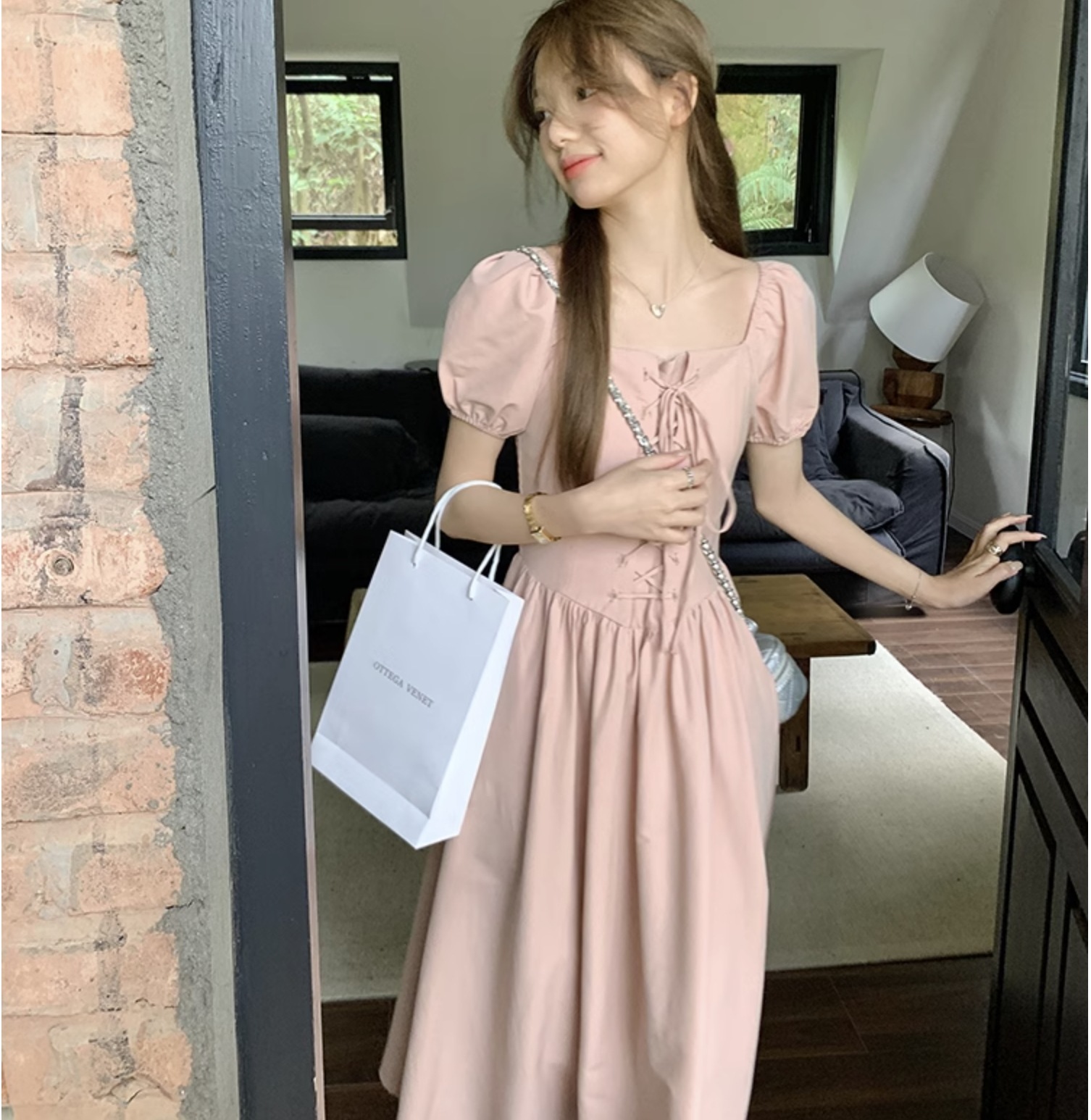 個性的 夏服 レディース ワンピース ワンピドレス フレアワンピース ロジスワンピ ロング アンクル 袖あり 半袖 パフスリーブ バルーン袖 スクエアネック フレア セミフレア Aライン リ