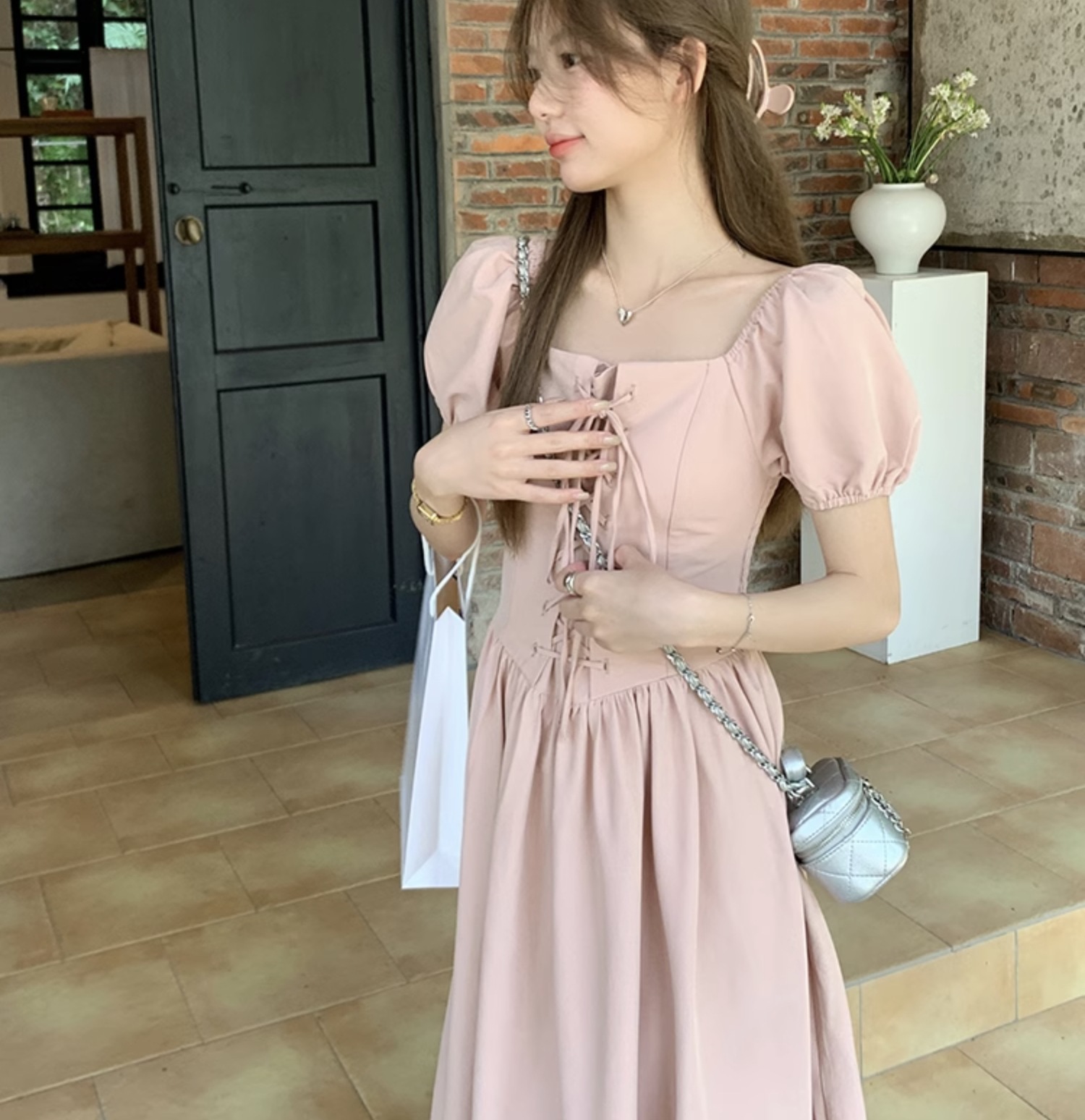 個性的 夏服 レディース ワンピース ワンピドレス フレアワンピース ロジスワンピ ロング アンクル 袖あり 半袖 パフスリーブ バルーン袖 スクエアネック フレア セミフレア Aライン リ