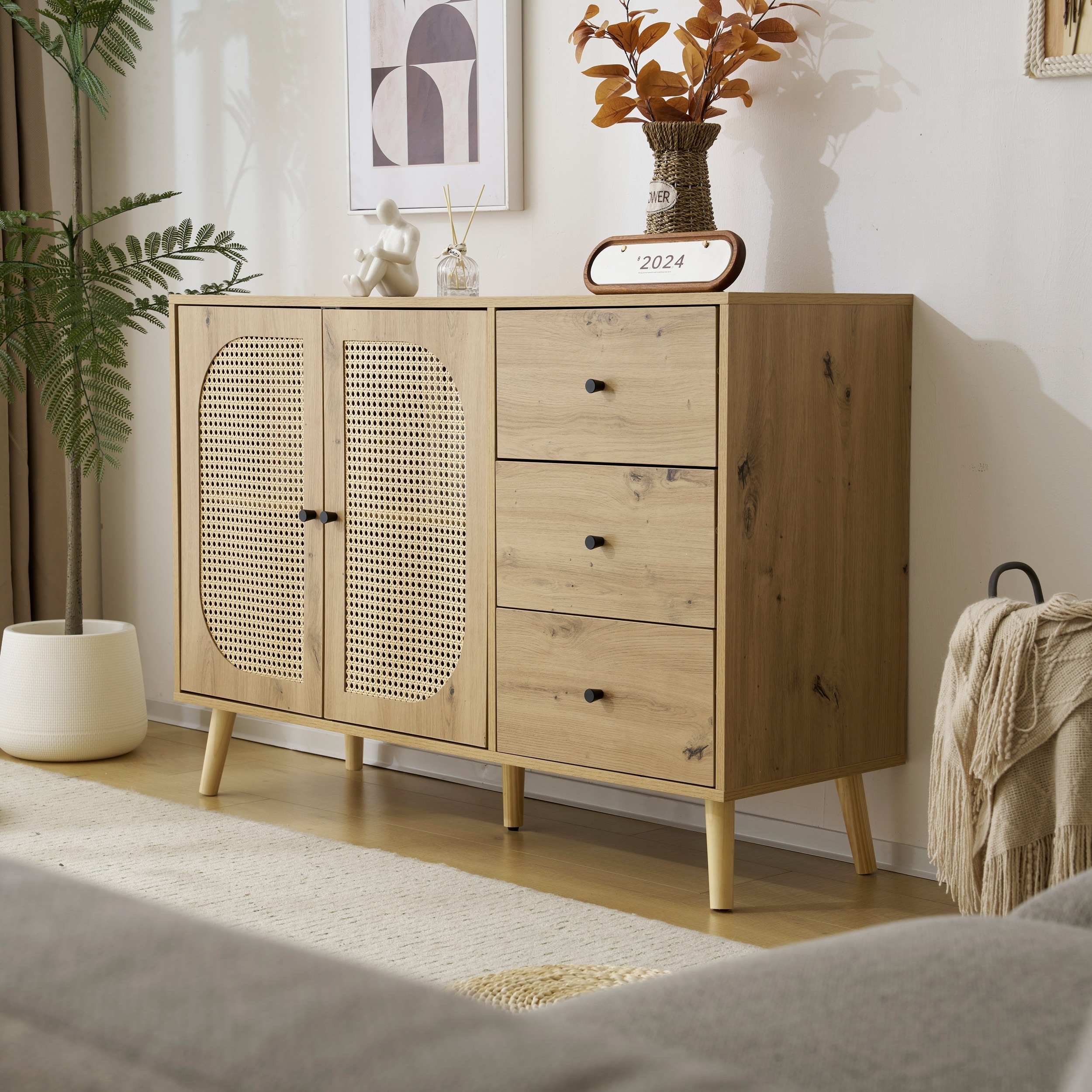 45キャビネット サイドボード チェストラタン調 ラタン風 引き出し付き 大容量 収納棚 リビング 収納 ローボード 収納チェスト2段 サイドボード 扉付き リビングボード 洋服 タンス 収納 箪笥