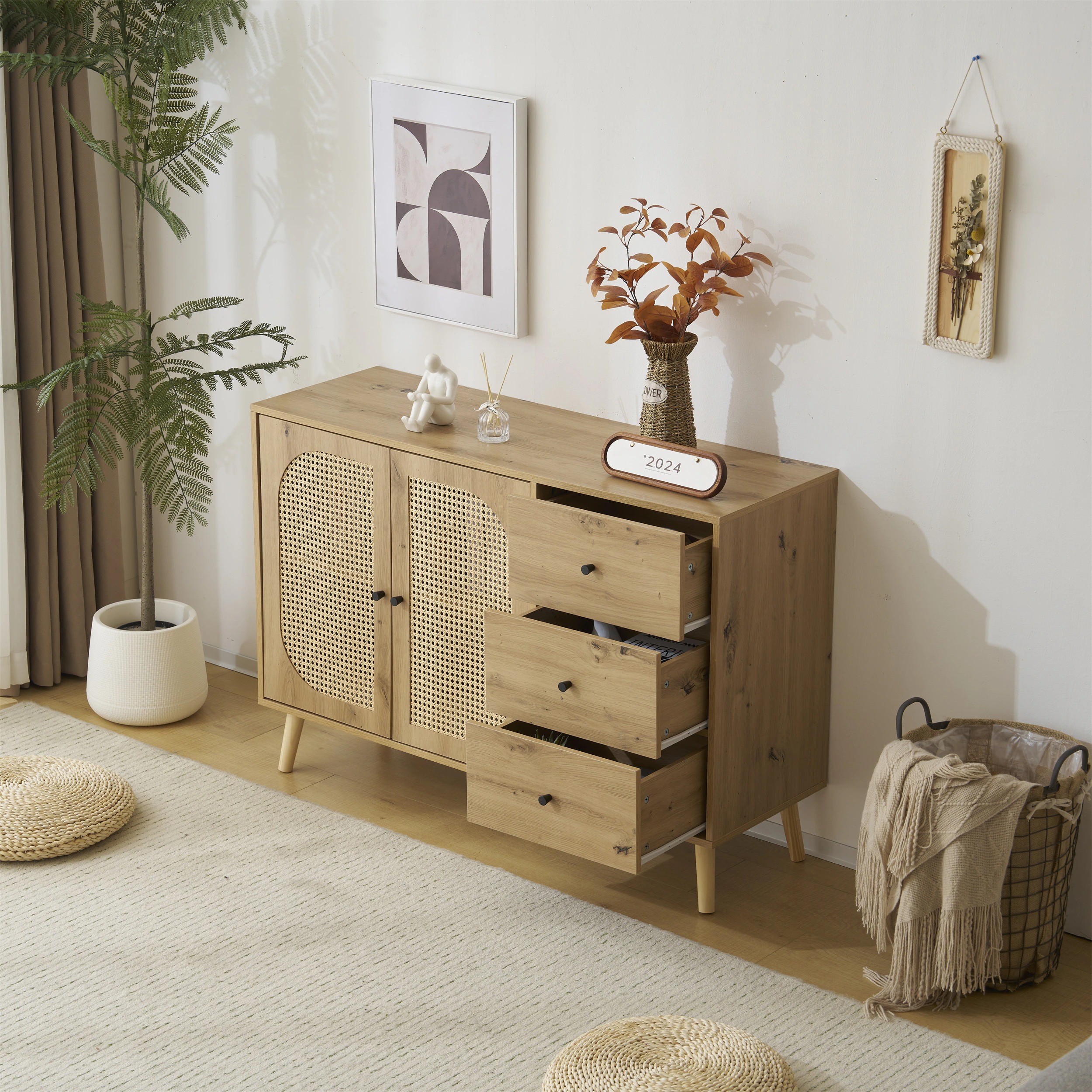 45キャビネット サイドボード チェストラタン調 ラタン風 引き出し付き 大容量 収納棚 リビング 収納 ローボード 収納チェスト2段 サイドボード 扉付き リビングボード 洋服 タンス 収納 箪笥