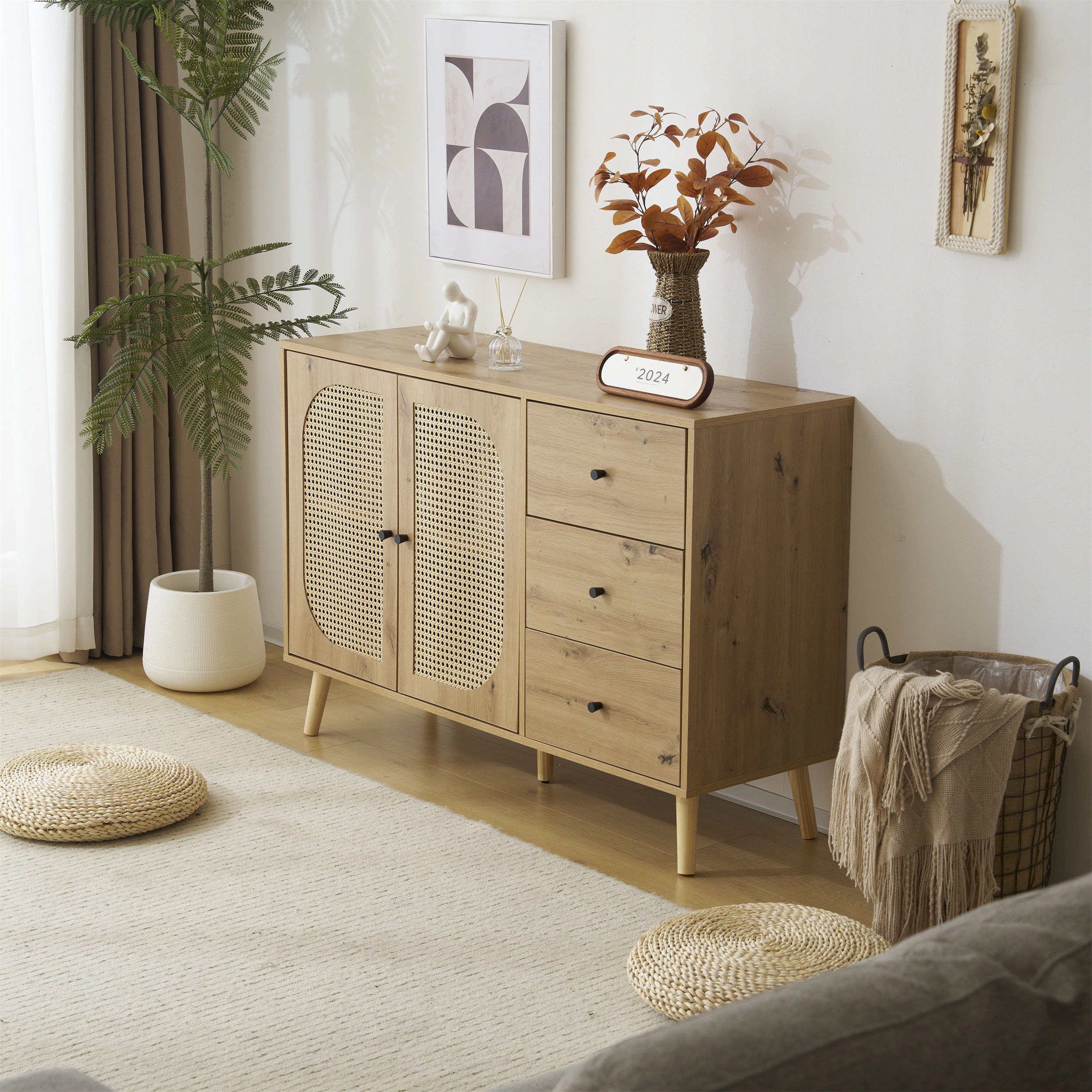 45キャビネット サイドボード チェストラタン調 ラタン風 引き出し付き 大容量 収納棚 リビング 収納 ローボード 収納チェスト2段 サイドボード 扉付き リビングボード 洋服 タンス 収納 箪笥