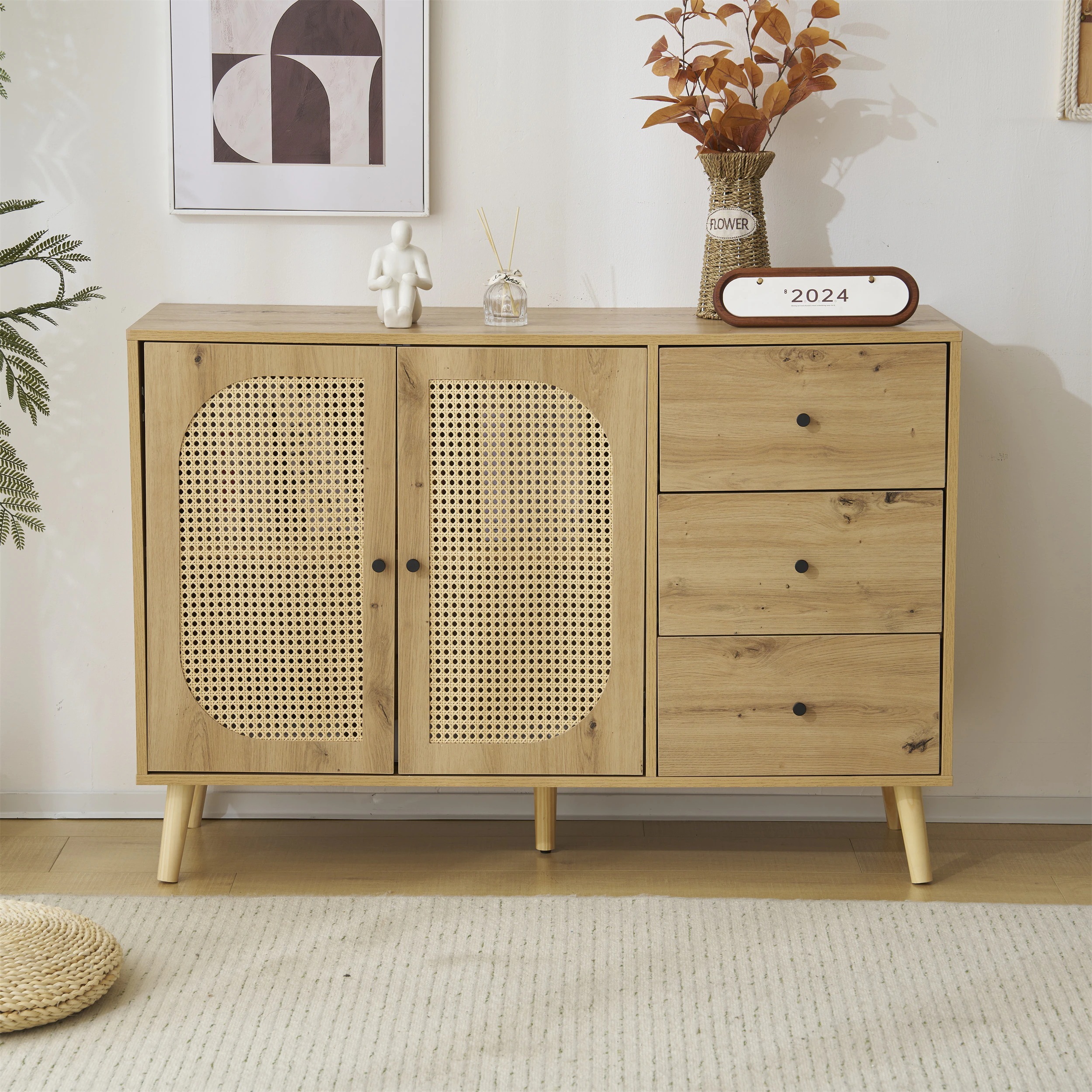 45キャビネット サイドボード チェストラタン調 ラタン風 引き出し付き 大容量 収納棚 リビング 収納 ローボード 収納チェスト2段 サイドボード 扉付き リビングボード 洋服 タンス 収納 箪笥