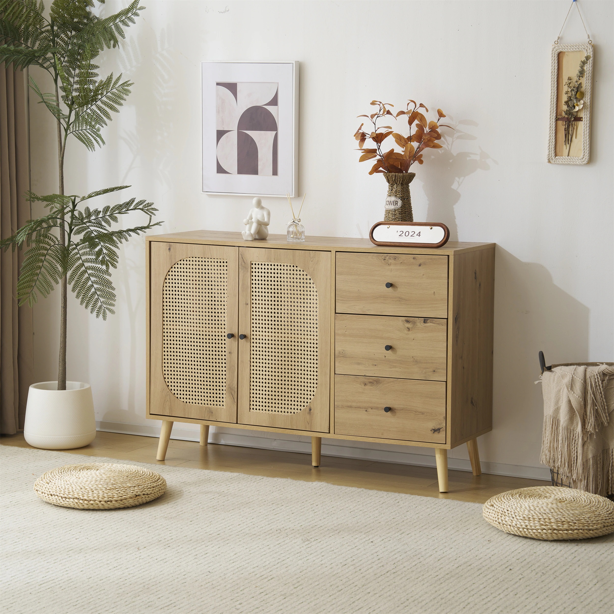 45キャビネット サイドボード チェストラタン調 ラタン風 引き出し付き 大容量 収納棚 リビング 収納 ローボード 収納チェスト2段 サイドボード 扉付き リビングボード 洋服 タンス 収納 箪笥