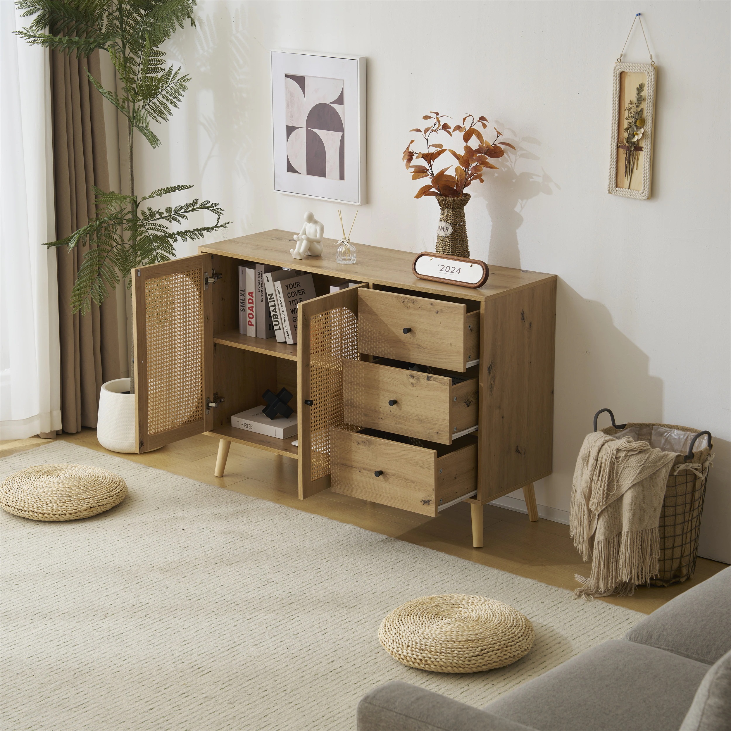 45キャビネット サイドボード チェストラタン調 ラタン風 引き出し付き 大容量 収納棚 リビング 収納 ローボード 収納チェスト2段 サイドボード 扉付き リビングボード 洋服 タンス 収納 箪笥