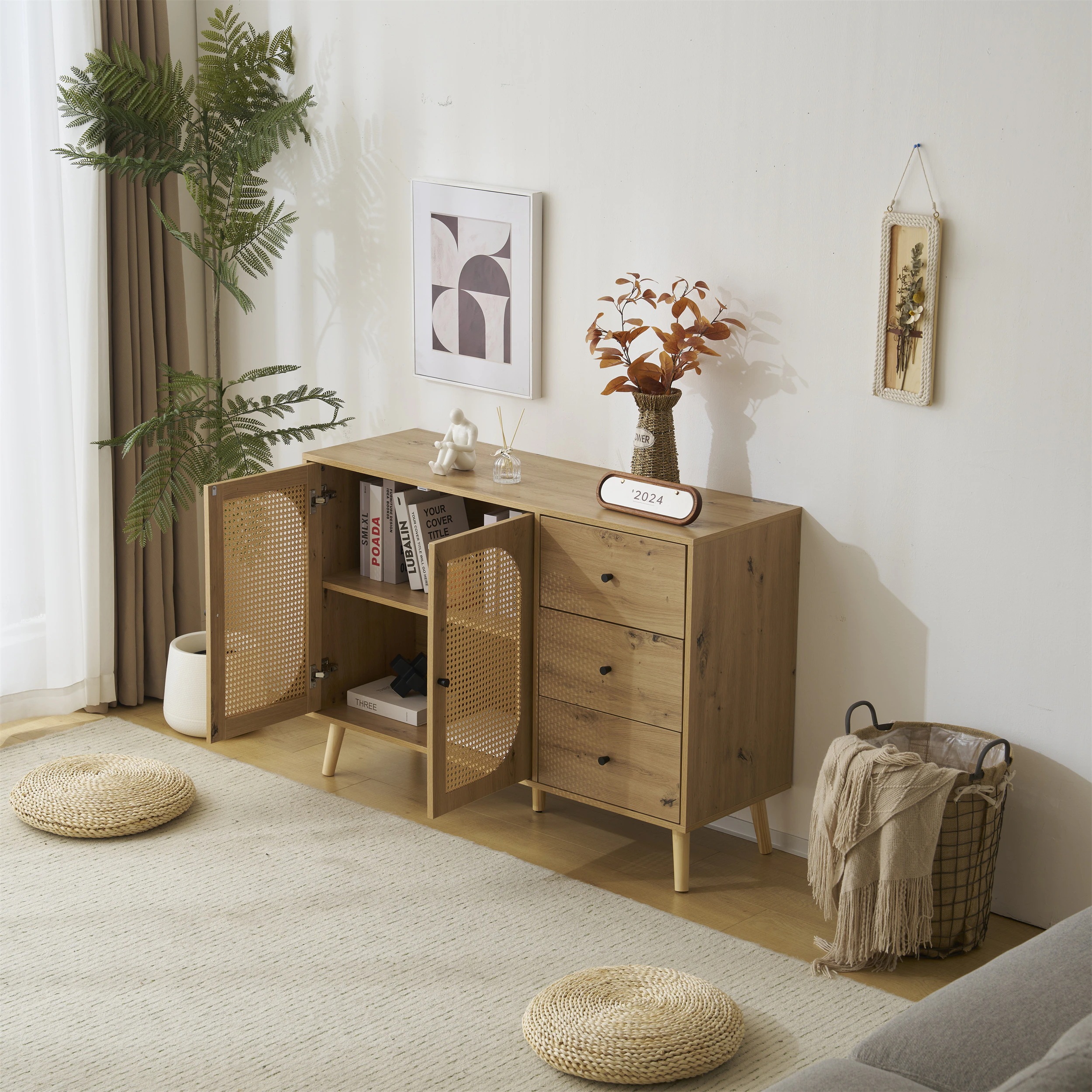 45キャビネット サイドボード チェストラタン調 ラタン風 引き出し付き 大容量 収納棚 リビング 収納 ローボード 収納チェスト2段 サイドボード 扉付き リビングボード 洋服 タンス 収納 箪笥