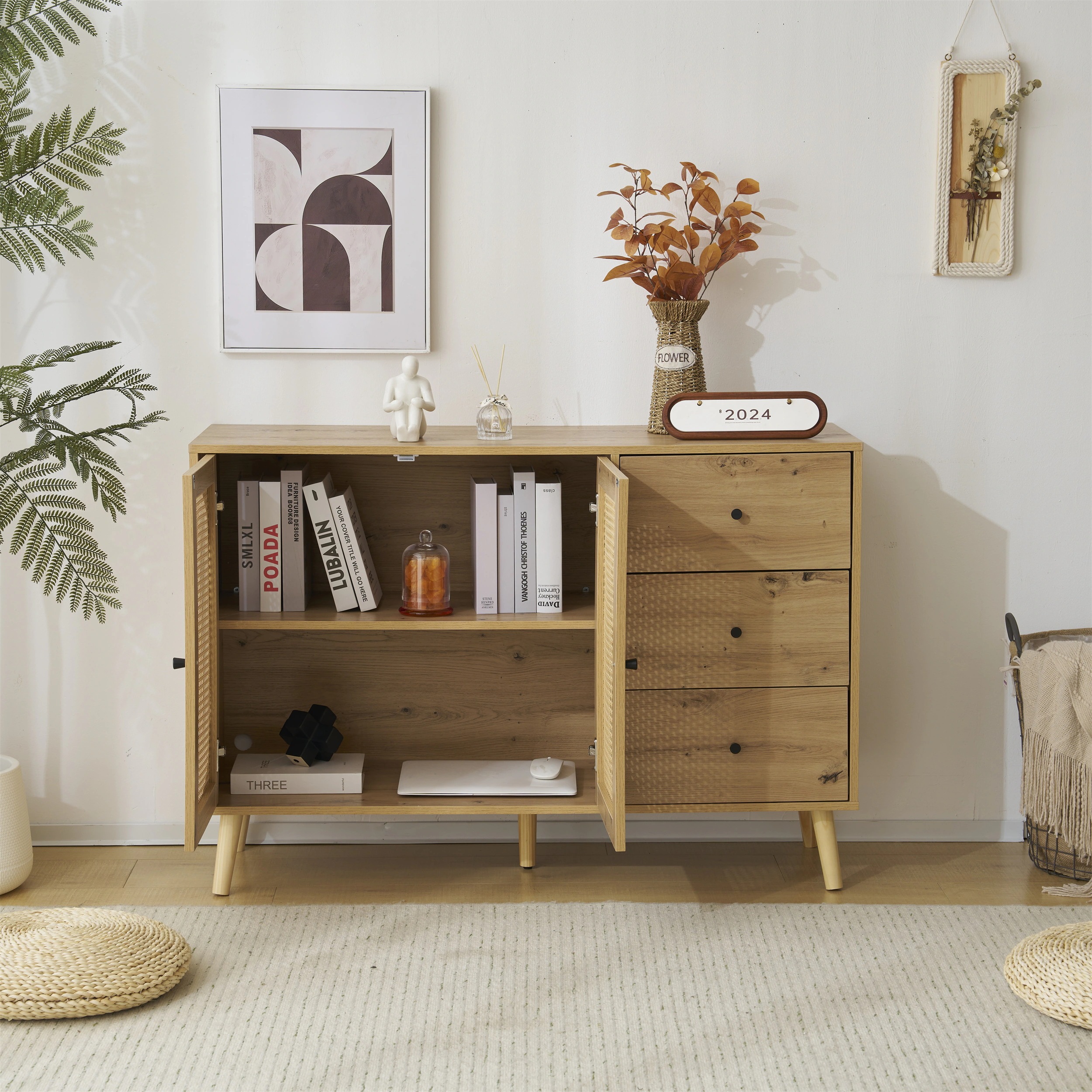 45キャビネット サイドボード チェストラタン調 ラタン風 引き出し付き 大容量 収納棚 リビング 収納 ローボード 収納チェスト2段 サイドボード 扉付き リビングボード 洋服 タンス 収納 箪笥