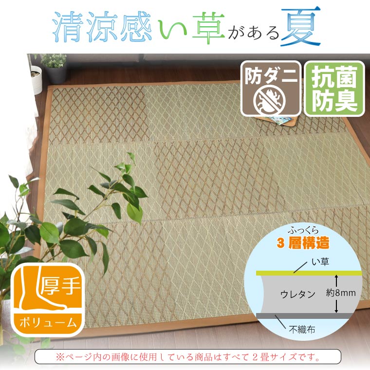い草 ラグ カーペット ウレタン入り 2畳 約191x191cm 防カビ 防ダニ 抗菌 防臭 幾何学