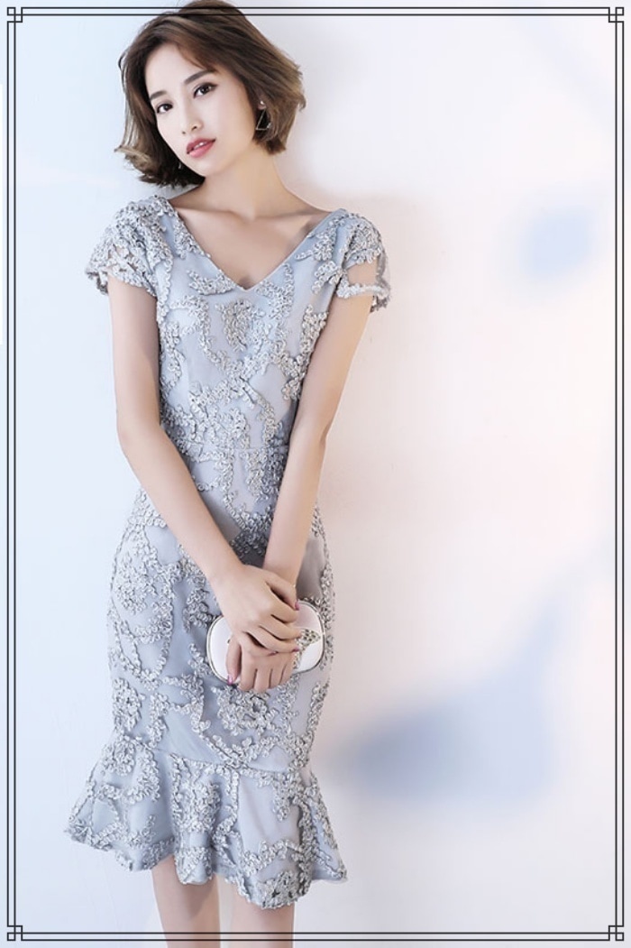 1937.コード刺繍マーメイドヘムドレス(シルバーグレー)2019 春夏 sale ワンピース タイト Vネック ミディアム 半袖 フリル レース バックコンシャス エレガント お呼ばれ パーティー 1937.コード刺繍マーメイドヘムドレス(シルバーグレー)2019 春夏 sale ワンピース タイト Vネック ミディアム 半袖 フリル レース バックコンシャス エレガント お呼ばれ パーティー
