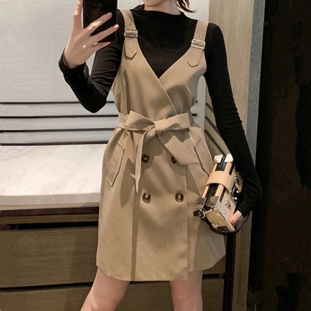 ジャンパースカート オールインワン ウエストリボン ラップ ミニ丈 Vネック ダブル ハイウエスト