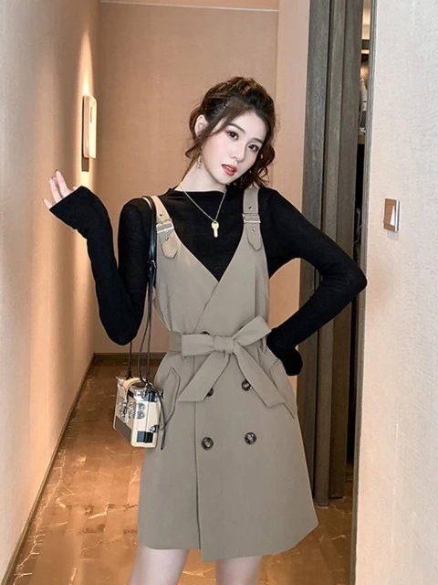 ジャンパースカート オールインワン ウエストリボン ラップ ミニ丈 Vネック ダブル ハイウエスト