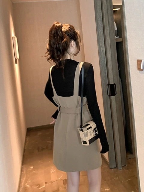 ジャンパースカート オールインワン ウエストリボン ラップ ミニ丈 Vネック ダブル ハイウエスト